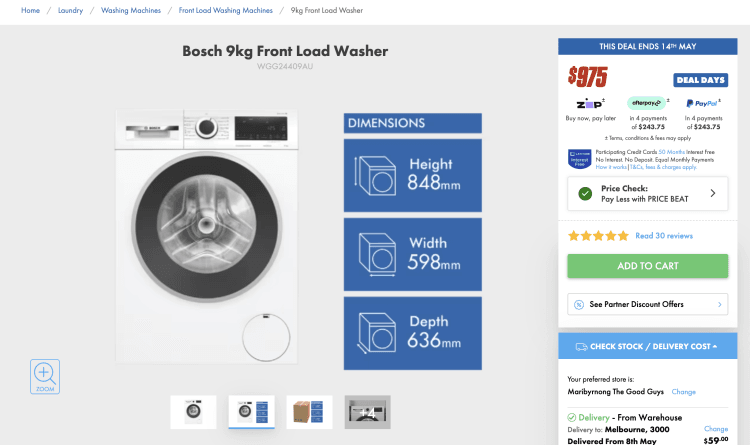 The Good Guys: Bosch 9kg Front Load Washer (WGG24409AU) – $884 with Price Beat
